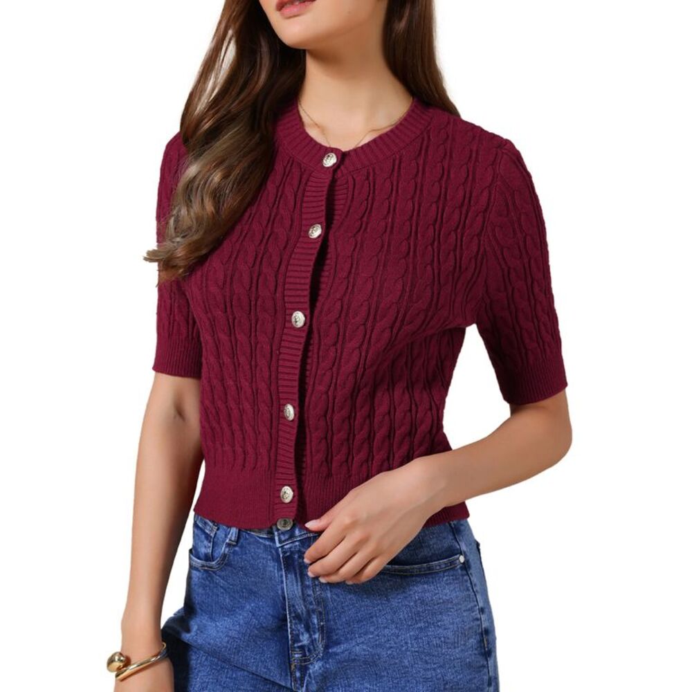 Women Casual Summer Button Down Cable Knit Crop Cardigan Burgundy